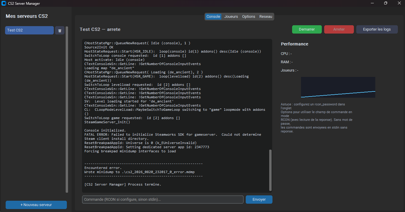 CS2 Server Manager : console d'un serveur CS2 en cours de test