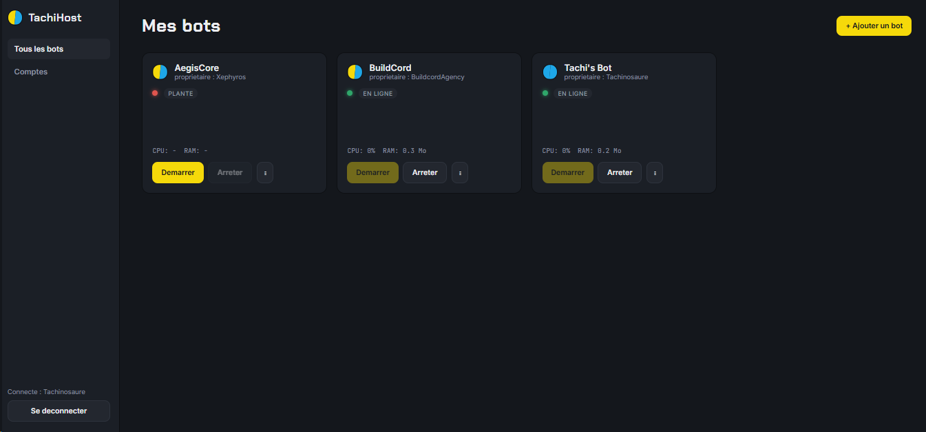 Dashboard TachiHost listant les bots hébergés : AegisCore, BuildCord et Tachi's Bot