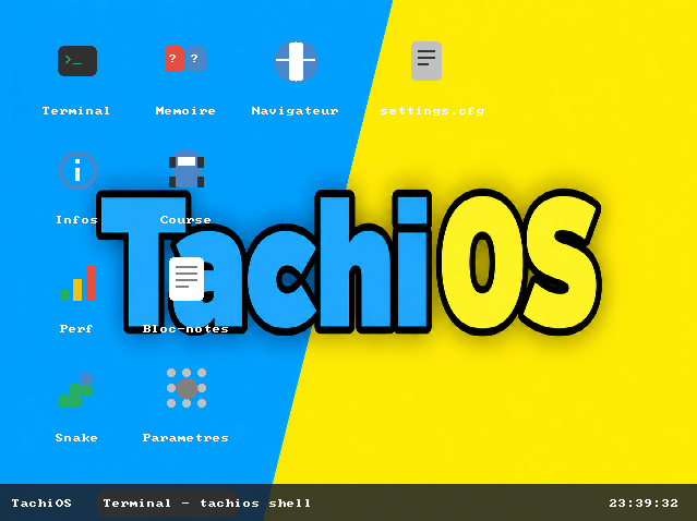 Bureau de TachiOS avec ses icônes (Terminal, Mémoire, Navigateur, Snake...) et sa barre système
