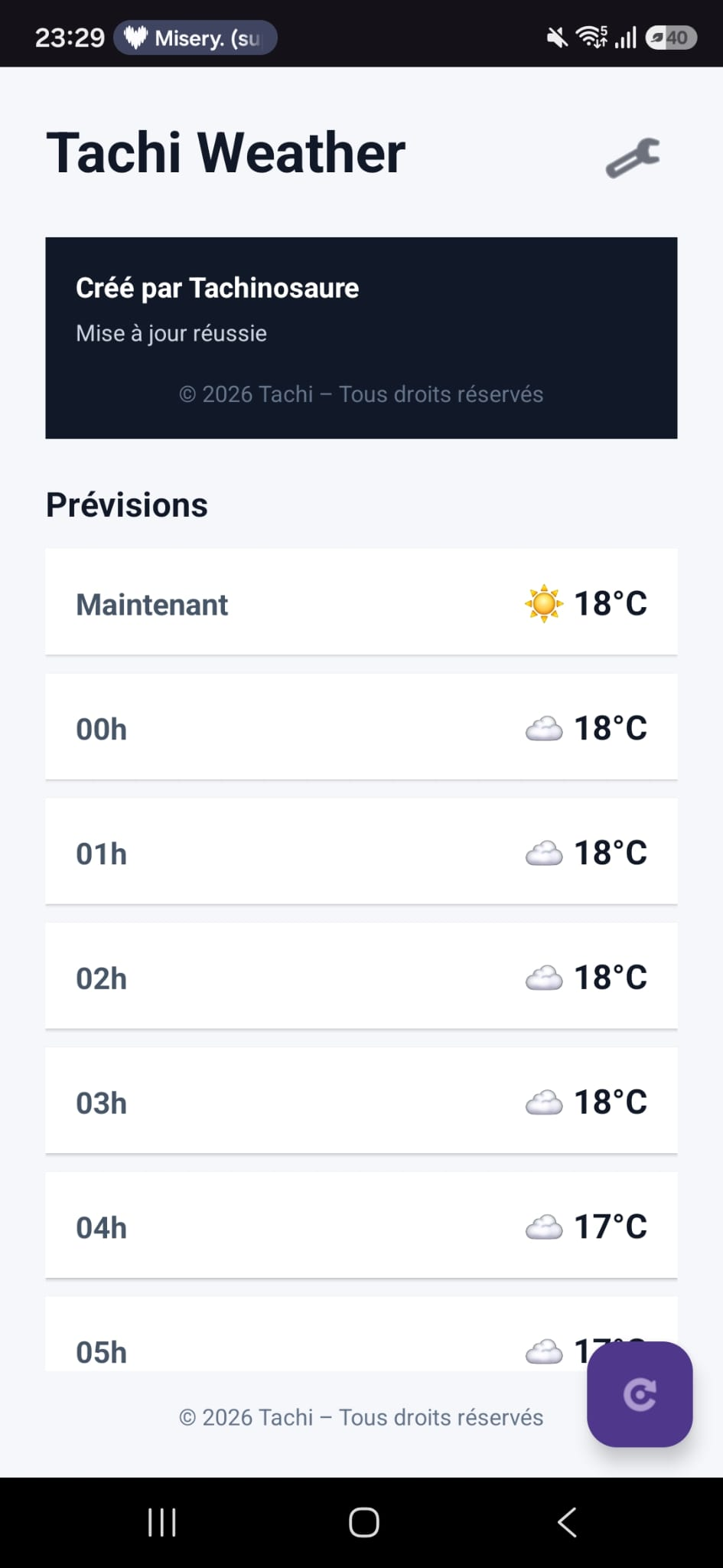 Application Tachi Weather avec les prévisions heure par heure